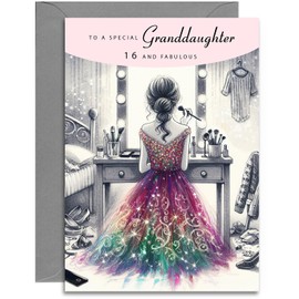 Granddaughter 16th Birthday Card - Elegant Birthday Card for a Special Granddaughter Age 16 with lovely verse inside. A5 with Grey Envelope