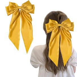 Big Bows for Women - Solid Color Hair Clips with Long Ribbon, French Barrette Clip Soft Satin Silky Bows - Cute Gifts for Women & Girls (Yellow)