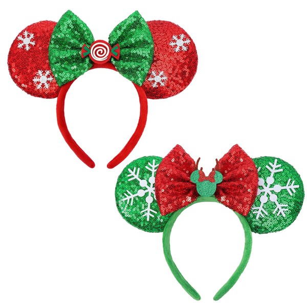 ETLUK Christmas Mouse Ears Bow Headband, 2 PCS Sparkle Christmas Mouse Ears for Women Kids, Christmas Headbands for Parties Cosplay Costume (Peppermint & Reindeer)