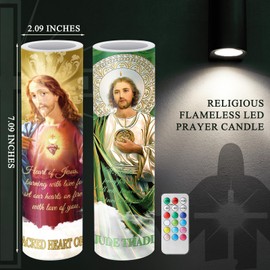 Landhoow 2 Pcs Religious Flameless LED Prayer Candle Real Wax Baptism Candle Set St. Jude and Sacred Heart of Jesus Battery Operated Candles with Remote Control