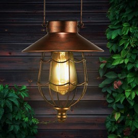 pearlstar Solar Lanterns Outdoor Hanging - Metal Vintage Lantern Warm White Solar Lights lamp Waterproof Edison Bulb Design for Pathway Garden Patio Yard Tree Decoration (1 Pack Copper)