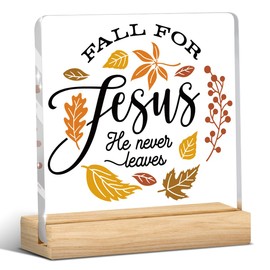 Fall Decor, Autumn Room Decor, Fall Decorations for Home, Christian Sign, Autumn Harvest Rustic Thanksgiving Square Acrylic Sign with Wooden Stands for Kitchen Office Bathroom Bedroom - Jesus