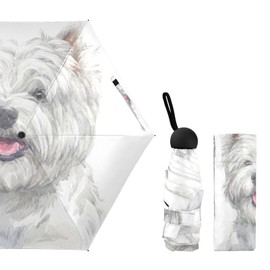 Hand Drawn West Highland White Terrier Breed Dog Paint Small Mini Anti-UV Compact Travel Umbrella, 5 Folding Ultra-Light Umbrella, 6 Ribs Pocket Windproof Foldable Vinyl Parasol
