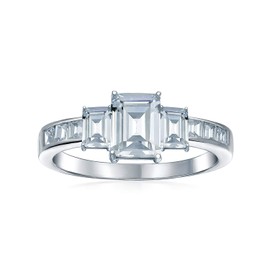 Personalize Art Deco Style 2CT AAA CT Rectangle Three Stone Past Present Future Emerald Cut Promise Engagement Ring For Women .925 Sterling Silver Baguette Side Stone Band Customizable