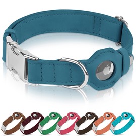 BUDKAS Leather Dog Collar with Airtag Holder - Soft Adjustable Airtag Dog Collar with Metal Buckle - GPS Tracking Pet Collar for Small Large Dogs Puppies Cats (Dark Blue, XS, 9"-12" Neck Fit)