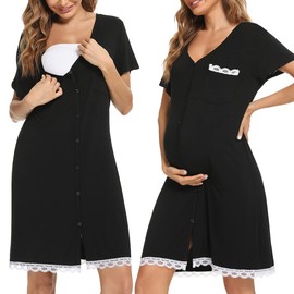 Uniexcosm Nursing Nightdress Women's Short Sleeve Cotton Maternity Nightdress V Neck Maternity Nightdress Button Down for Pregnant Women or Nursing Women Maternity Dress, Style 1: black
