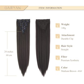 Gairyan Clip-In Hair Extensions Clips 8-Piece Set Synthetic Hairpiece Clip On Hair Extensions Clips 60 cm Straight Long Synthetic Hair for Girls (Medium Brown)