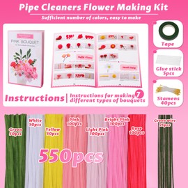 ZXIIXZ 550 Pcs Pipe Cleaner Flowers Craft Kit, 7 Colors Pipe Cleaners Craft Flower Making Kit, Chenille Stems Pipe Cleaners Kit with Tutorial, Bouquet DIY Craft Supplies for Mother's Day