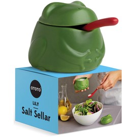 OTOTO NEW Lily Salt Cellar with Lid and Spoon - 6 oz Frog Salt Containers for Countertop, Ceramic Salt Holder with Lid for Sugar, Frog Stuff, White Elephant Gifts, Cute Fun Kitchen Gifts Accessories