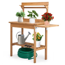 Outdoor Garden Potting Bench Table,Wooden Work Bench with Metal Tabletop,Open Shelf & Folding Pallet,Horticulture Planting Worstation Patio Furniture for Porch, Patio, Balcony