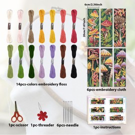 ORIGACH 6 Pcs Cross Stitch Bookmark Kit for Beginner with Backing Felt Floss Instruction Mushroom Plants DIY Stamped Embroidery Bookmark Kit for Starter Adults Book Lovers
