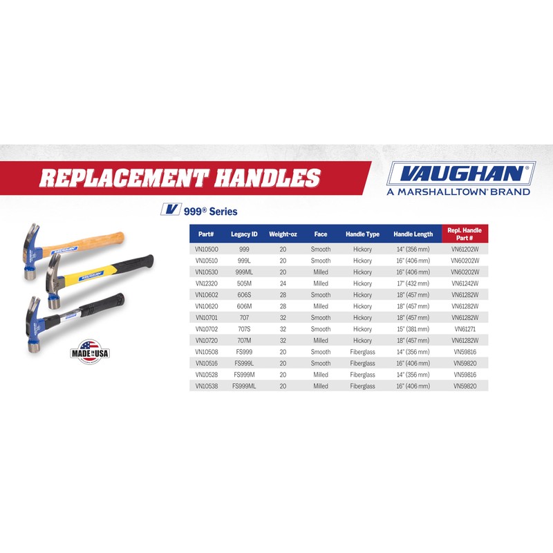 VAUGHAN Fiberglass Handle 999 Series Framer Hammer, Made In The