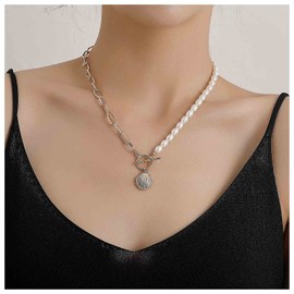 Inilbran Boho Pearl Shell Pendant Necklace Scallop Circle Choker Necklace Gold Paper Clip Chain Necklace Baroque Pearl Necklace Jewelry for Women and Girls