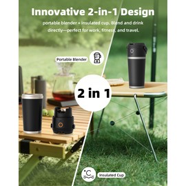 Portable Blender with Insulated Cup, Personal Blender for Smoothies, 11.1V high-torque Motor, Stainless Steel Cup, Keep Cold 24 Hours, Self-cleaning, USB-C Rechargeable, 20 oz, Travel Lid, Black