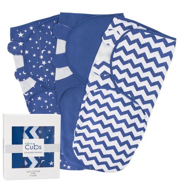 Comfy Cubs Baby Blanket, Swaddle Blanket 0-3 months, Newborn Essentials, Infant Sleep Sack Wrap, 100% Breathable Cotton, Baby Boy Girl, Adjustable 3 Pack (Dark Blue, Small-Medium)