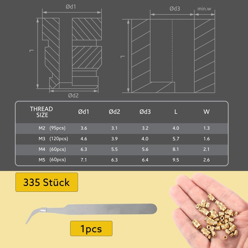 Pack of 335 Threaded Inserts, Threaded Inserts 3D Printing M2