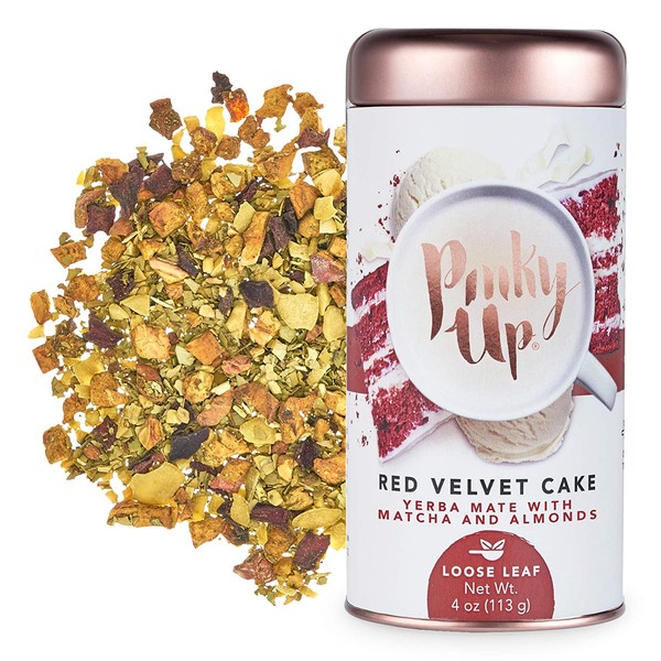 Pinky Up Red Velvet Cake Loose Leaf Tea | Yerba Mate Herbal Tea, 80-85 mg Caffeine Per Serving, Naturally Calorie & Gluten Free | 4 Ounce Tin, 25 Servings
