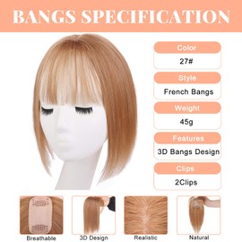 Mscat Bangs Hair in Clip 50% Human Hair Mixed Extensions Fake French Bangs for Women Fringe with Temples Hairpieces Curved Bangs for Daily Wear (Light Brown, French Bangs)