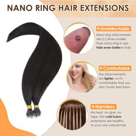 Elailite Nano Ring Extension Real Human Hair Cold Fusion With Nano Beads Remy Hair 50 Strands 35g Straight （#1B Natural Black, 22 Inch)