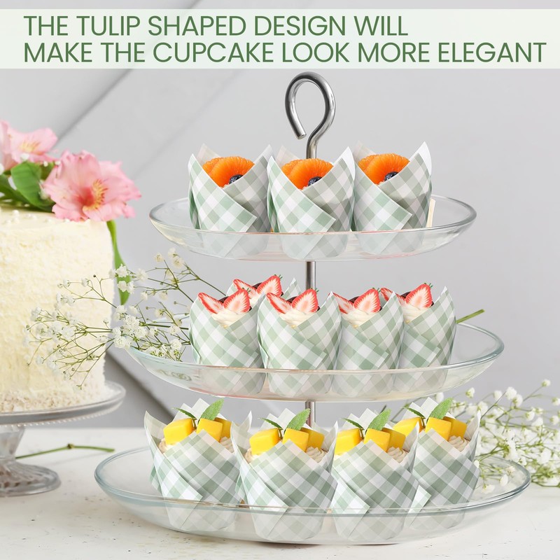 Maxdot 200 Pcs Sage Green Plaid Tulip Cupcake Liners for