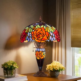 Capulina Tiffany Table Lamp Mother-Daughter Vase 3-Light 16x16x24 Inches Red Yellow Rose Style Stained Glass Desk Light for Bedrooms Living Room Study Home Office