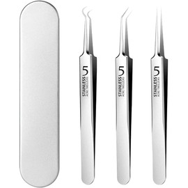 3-Piece Set Precision Tweezers, Square Bottle Remover, Tip 0.004 inch (0.1 mm) Wide, Tweezers, Extra Fine Tweezers, Pimple Removal, Blackhead Removal, Pore Care, Precise Work Can Be Done, Square Bottle Remover, Tweezers, Storage Case Included