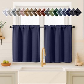 OVZME Navy Blue Blackout Curtains for Small Window Treatment, Light Blocking Short Kitchen Window Curtains Over Sink, Dual Rod Pocket Half Window Tiers for Bathroom Basement, 2x40Wx36L Inches