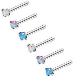ZS 5/6 Pieces Opal Nose Studs 20 Gauge Nose Pin Blue Nose Piercing Stud Stainless Steel Nose Stud Retainer L-Shape (6PCS Nose Bone Rings)