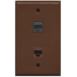 RiteAV - 1 RJ11 RJ12 Black Phone Port and 1 Cat6 Ethernet Port Wall Plate - Brown - Bracket Included