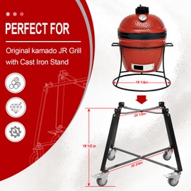 Rolling Cart with Wheels for Kamado Joe JR with Cast Iron Stand, Grill Stand for Kamado Joe Jr Accessories, Rolling Outdoor Cart for Kamado Joe Junior Grill Stand（Match Jr's Original Cast Iron Stand）