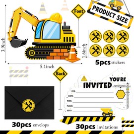 Humyoun 30 Sets Construction Excavator Birthday Party Invitations Cards with Envelopes Stickers Construction Themed Invitations for Boy Kids Birthday Excavator Party Supplies Decoration