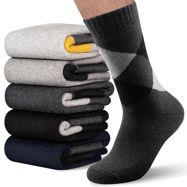 5 Pack Men’s Thermal Wool Socks for Winter Thick Warm Soft Hiking Socks Man Heavy Cosy Boot Socks for Cold Weather Crew Socks Size 6-11
