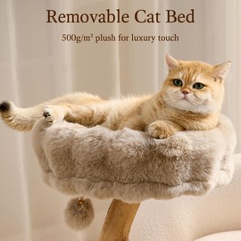 HITTITE Natural Solid Wood Cat Tree Tower with Scratching Post, 32 Inches Tall Modern Cat Tower with Cozy Bed and Platforms, Luxury Real Branch Cat Tree for Indoor Cats Large Adult, Khaki.