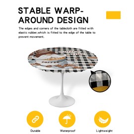 EwdeWwo Coffee Gnome Elastic Round Tablecloth, Funny Gnomes on Cup Black Plaid Border Fitted Tablecloths for Round Table Oil-Proof Waterproof Table Cloth (Fit for 45" - 54" Round Tables)