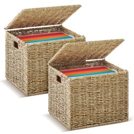 Jingmore Woven Seagrass File Storage Boxes, Decorative Hanging File Organizer with Lid for Home Office, Letter Size, 2 Pack