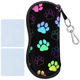 ICHOWHO Soft Glasses Case for Women Kids - Portable Sunglasses Case Cute Paw Pattern Glasses Case with Clips Gift Idea for Cat Lover Dog Lover