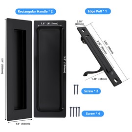 Dontay Pocket Door Pull Handle,304 Stainless Steel,Rectangle Recessed Flush Finger Pulls & Edge Spring Pull,No Lock,Hardware Set for More Than 1-1/8” Thickness Sliding Door(Matte Black,6'')