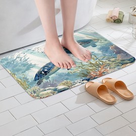 Feelyou Cartoon Sea Turtle Bathroom Rugs 16"x24" Ocean Reptile Tortoise Bath Rugs for Shower Tub for Boys Girls Marine Animals Bath Mats for Bathroom Summer Blue Coastal Themed Bathroom Accossories