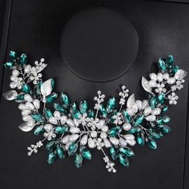 Rumtock Green Crystals Silver Leaf Headband Wedding Bridal Pearl Headpiece Handmade Hair Accessories (Green)