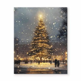 Christmas Tree Canvas Wall Art Decor - Stunning Night Cityscape with Glowing Tree in Snow, Illuminated Holiday Scene, 8X10 inch Ideal Christmas Decoration for Living Room, Office or Seasonal Décor