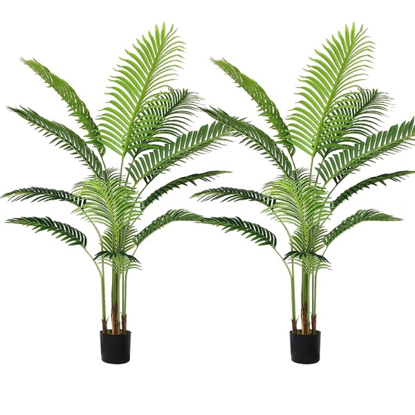Fake Palm Tree 6 Feet Artificial Areca Palm Plant with 9 Trunks, Perfect Faux Palm Trees in Pot for Indoor Outdoor House Home Office Modern Decoration Perfect Housewarming Gift(Set of 2)