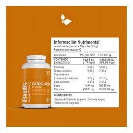 Suplemento Cúrcuma Orgánica 180 cápsulas de 500 mg 100% Natural Sin Gluten Apto Keto Bulk Superfoods