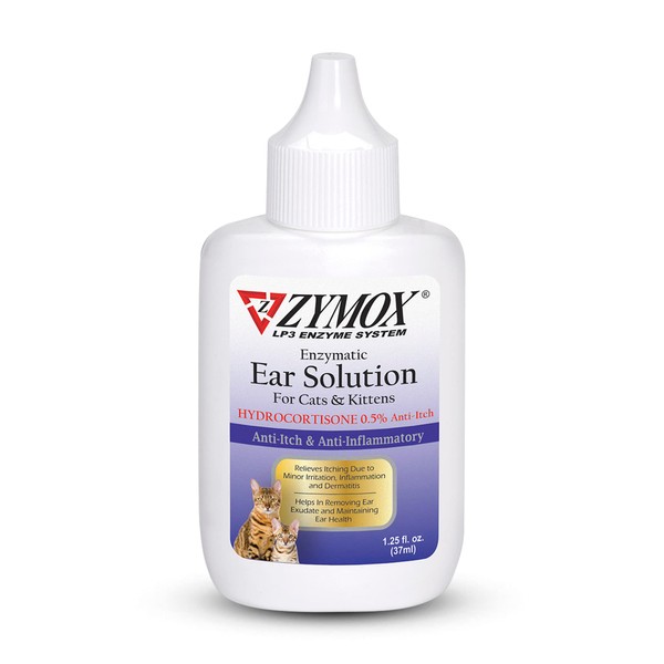 Zymox Enzymatic Ear Solution with 0.5% Hydrocortisone for Cats & Kittens, 1.25 oz. – Cleans & Refreshes Ear Canal for Relief from Ear Wax, Dirt Buildup, Itchiness, Irritation, Inflammation & Redness