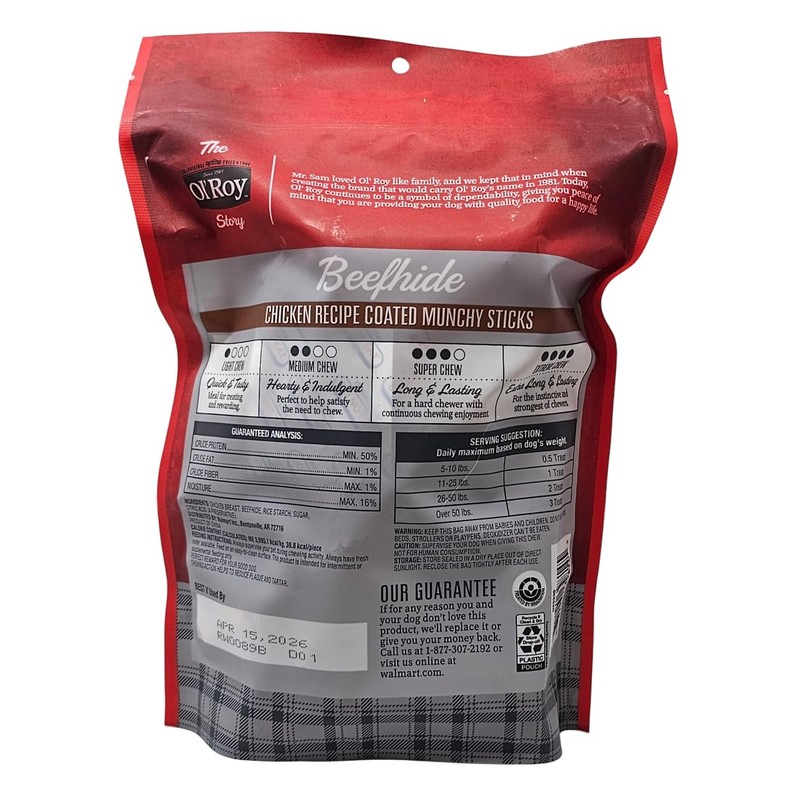 Ol' Roy Beefhide Chicken Coated Munchy Sticks 40 Count Dog