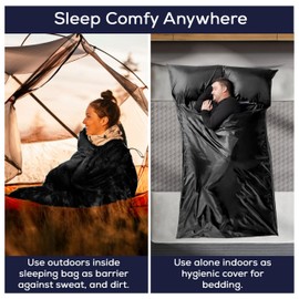 CAMPCONE Silky Sleeping Bag Liner Cold/Warm Weather–XL Travel Sheets for Hotel 85"×52"– Lightweight sleep sack with Zipper & Pillow Pocket-100% Polyester Adult Sleep Sack - Hotel Sleeping Bag. (Black)