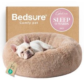 Bedsure Calming Dog Bed Medium Size Dog - Donut Washable Medium Pet Bed, 30 inches Anti-Slip Round Fluffy Plush Faux Fur Cat Bed, Fits up to 45 lbs Pets, Camel