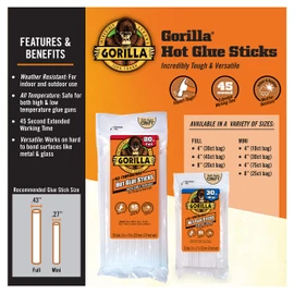 Gorilla Hot Glue Sticks, Mini Size, 4" Long x .27" Diameter, 10 Count, Clear, (Pack of 1)