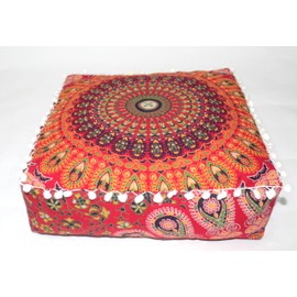 Mandala Barmeri Large Floor Pillow Cover Cushion Meditation Seating Ottoman Throw Cover Hippie Decorative Zipped Bohemian Pouf Ottoman Cases Red, 16" Square