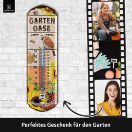 LANOLU Retro Tin Sign Garden Oasis Thermometer Sign – Tin Signs Garden with Sayings – Gardener Gifts – Retro Decorative Vintage Metal Sign Garden 8 x 28 cm