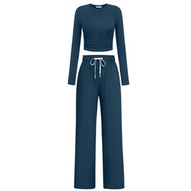 PINSPARK Women's Athletic Clothing Sets 2024 Long Sleeve Crop Top Drawstring Wide Leg Pants Matching Lounge Yoga Sets, Dark Blue Medium